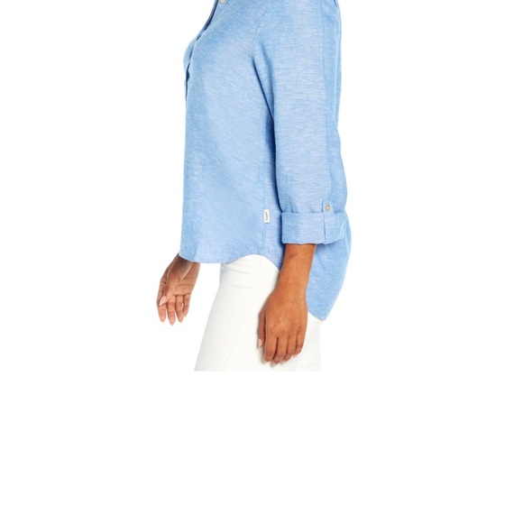 NWT Orvis long sleeve blue linen and rayon top roll cuff with buttons size large - Picture 2 of 9